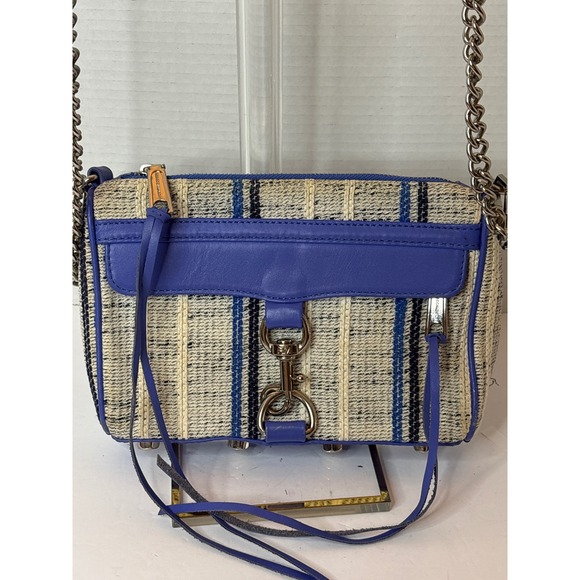 Rebecca Minkoff Mini Crossbody Bag Blue Striped Woven Leather Trim -see pics - Picture 2 of 8